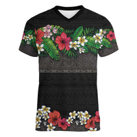 Hawaiian Tropical Flowers and Tribal Polynesian Tattoo Women V-Neck T-Shirt Black Color LT03 Female Black - Polynesian Pride