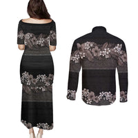 Hawaiian Tropical Flowers and Tribal Polynesian Tattoo Couples Matching Puletasi and Long Sleeve Button Shirt Grayscale Mode LT03 - Polynesian Pride