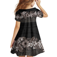 Hawaiian Tropical Flowers and Tribal Polynesian Tattoo Family Matching Long Sleeve Bodycon Dress and Hawaiian Shirt Grayscale Mode