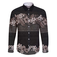 Hawaiian Tropical Flowers and Tribal Polynesian Tattoo Family Matching Off The Shoulder Long Sleeve Dress and Hawaiian Shirt Grayscale Mode LT03 Dad's Shirt - Long Sleeve Black - Polynesian Pride
