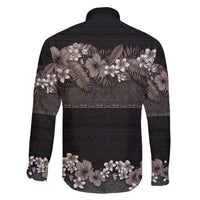 Hawaiian Tropical Flowers and Tribal Polynesian Tattoo Family Matching Off The Shoulder Long Sleeve Dress and Hawaiian Shirt Grayscale Mode LT03 - Polynesian Pride