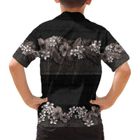 Hawaiian Tropical Flowers and Tribal Polynesian Tattoo Family Matching Off Shoulder Maxi Dress and Hawaiian Shirt Grayscale Mode LT03 - Polynesian Pride