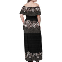 Hawaiian Tropical Flowers and Tribal Polynesian Tattoo Family Matching Off Shoulder Maxi Dress and Hawaiian Shirt Grayscale Mode LT03 - Polynesian Pride