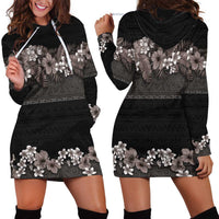 Hawaiian Tropical Flowers and Tribal Polynesian Tattoo Hoodie Dress Grayscale Mode LT03 - Polynesian Pride
