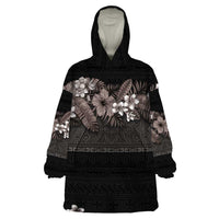 Hawaiian Tropical Flowers and Tribal Polynesian Tattoo Wearable Blanket Hoodie Grayscale Mode LT03 One Size Black - Polynesian Pride