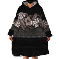 Hawaiian Tropical Flowers and Tribal Polynesian Tattoo Wearable Blanket Hoodie Grayscale Mode LT03 - Polynesian Pride