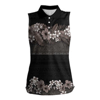 Hawaiian Tropical Flowers and Tribal Polynesian Tattoo Women Sleeveless Polo Shirt Grayscale Mode LT03 Female Black - Polynesian Pride