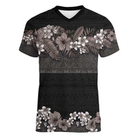 Hawaiian Tropical Flowers and Tribal Polynesian Tattoo Women V-Neck T-Shirt Grayscale Mode LT03 Female Black - Polynesian Pride