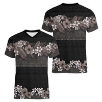 Hawaiian Tropical Flowers and Tribal Polynesian Tattoo Women V-Neck T-Shirt Grayscale Mode LT03 - Polynesian Pride