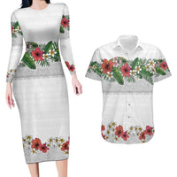 Hawaiian Tropical Flowers and Tribal Polynesian Tattoo Couples Matching Long Sleeve Bodycon Dress and Hawaiian Shirt White Color LT03 White - Polynesian Pride
