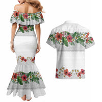 Hawaiian Tropical Flowers and Tribal Polynesian Tattoo Couples Matching Mermaid Dress and Hawaiian Shirt White Color LT03 - Polynesian Pride