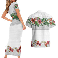 Hawaiian Tropical Flowers and Tribal Polynesian Tattoo Couples Matching Short Sleeve Bodycon Dress and Hawaiian Shirt White Color LT03 - Polynesian Pride
