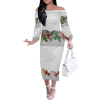 Hawaiian Tropical Flowers and Tribal Polynesian Tattoo Family Matching Off The Shoulder Long Sleeve Dress and Hawaiian Shirt White Color LT03 Mom's Dress White - Polynesian Pride