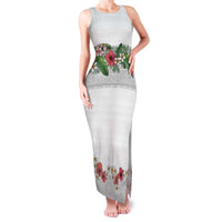 Hawaiian Tropical Flowers and Tribal Polynesian Tattoo Family Matching Tank Maxi Dress and Hawaiian Shirt White Color