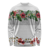 Hawaiian Tropical Flowers and Tribal Polynesian Tattoo Long Sleeve Shirt White Color LT03 Unisex White - Polynesian Pride