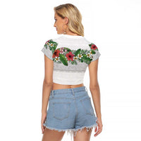 Hawaiian Tropical Flowers and Tribal Polynesian Tattoo Raglan Cropped T Shirt White Color LT03 - Polynesian Pride