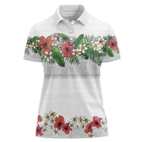 Hawaiian Tropical Flowers and Tribal Polynesian Tattoo Women Polo Shirt White Color LT03 Female White - Polynesian Pride