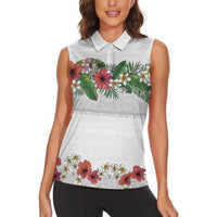 Hawaiian Tropical Flowers and Tribal Polynesian Tattoo Women Sleeveless Polo Shirt White Color LT03 - Polynesian Pride