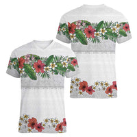 Hawaiian Tropical Flowers and Tribal Polynesian Tattoo Women V-Neck T-Shirt White Color LT03 - Polynesian Pride