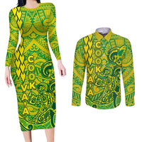 Cook Islands Va'a Polynesian Art Tattoo Couples Matching Long Sleeve Bodycon Dress and Long Sleeve Button Shirt National Color LT03 Green - Yellow - Polynesian Pride