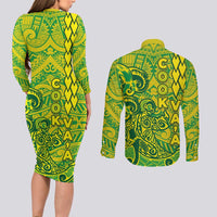 Cook Islands Va'a Polynesian Art Tattoo Couples Matching Long Sleeve Bodycon Dress and Long Sleeve Button Shirt National Color LT03 - Polynesian Pride