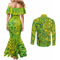 Cook Islands Va'a Polynesian Art Tattoo Couples Matching Mermaid Dress and Long Sleeve Button Shirt National Color LT03 - Polynesian Pride