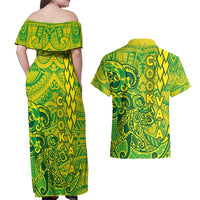 Cook Islands Va'a Polynesian Art Tattoo Couples Matching Off Shoulder Maxi Dress and Hawaiian Shirt National Color LT03 - Polynesian Pride