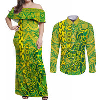 Cook Islands Va'a Polynesian Art Tattoo Couples Matching Off Shoulder Maxi Dress and Long Sleeve Button Shirt National Color LT03 Green - Yellow - Polynesian Pride