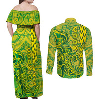 Cook Islands Va'a Polynesian Art Tattoo Couples Matching Off Shoulder Maxi Dress and Long Sleeve Button Shirt National Color LT03 - Polynesian Pride