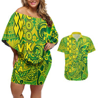 Cook Islands Va'a Polynesian Art Tattoo Couples Matching Off Shoulder Short Dress and Hawaiian Shirt National Color LT03 Green - Yellow - Polynesian Pride