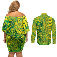 Cook Islands Va'a Polynesian Art Tattoo Couples Matching Off Shoulder Short Dress and Long Sleeve Button Shirt National Color LT03 - Polynesian Pride