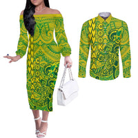 Cook Islands Va'a Polynesian Art Tattoo Couples Matching Off The Shoulder Long Sleeve Dress and Long Sleeve Button Shirt National Color LT03 Green - Yellow - Polynesian Pride