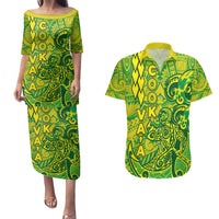 Cook Islands Va'a Polynesian Art Tattoo Couples Matching Puletasi and Hawaiian Shirt National Color LT03 Green - Yellow - Polynesian Pride