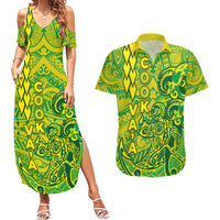Cook Islands Va'a Polynesian Art Tattoo Couples Matching Summer Maxi Dress and Hawaiian Shirt National Color LT03 Green - Yellow - Polynesian Pride