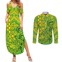 Cook Islands Va'a Polynesian Art Tattoo Couples Matching Summer Maxi Dress and Long Sleeve Button Shirt National Color LT03 Green - Yellow - Polynesian Pride