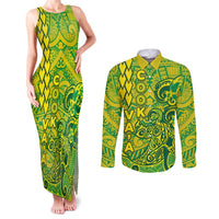 Cook Islands Va'a Polynesian Art Tattoo Couples Matching Tank Maxi Dress and Long Sleeve Button Shirt National Color LT03 Green - Yellow - Polynesian Pride