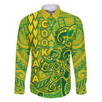 Cook Islands Va'a Polynesian Art Tattoo Family Matching Off The Shoulder Long Sleeve Dress and Hawaiian Shirt National Color LT03 Dad's Shirt - Long Sleeve Green - Yellow - Polynesian Pride