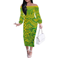 Cook Islands Va'a Polynesian Art Tattoo Off The Shoulder Long Sleeve Dress National Color LT03 Women Green - Yellow - Polynesian Pride