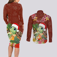 Hawaii Honu Mele Kalikimaka Couples Matching Long Sleeve Bodycon Dress and Long Sleeve Button Shirt Santa Tropical Flower Aloha Summer Red Version LT03 - Polynesian Pride