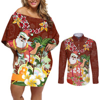 Hawaii Honu Mele Kalikimaka Couples Matching Off Shoulder Short Dress and Long Sleeve Button Shirt Santa Tropical Flower Aloha Summer Red Version LT03 Red - Polynesian Pride