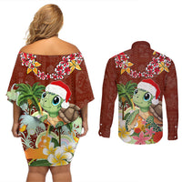 Hawaii Honu Mele Kalikimaka Couples Matching Off Shoulder Short Dress and Long Sleeve Button Shirt Santa Tropical Flower Aloha Summer Red Version LT03 - Polynesian Pride