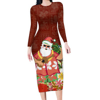 Hawaii Honu Mele Kalikimaka Family Matching Long Sleeve Bodycon Dress and Hawaiian Shirt Santa Tropical Flower Aloha Summer Red Version LT03 Mom's Dress Red - Polynesian Pride
