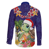 Hawaii Honu Mele Kalikimaka Family Matching Off Shoulder Long Sleeve Dress and Hawaiian Shirt Santa Tropical Flower Aloha Summer Blue Version LT03 - Polynesian Pride