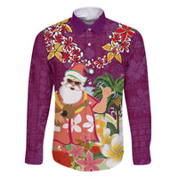 Hawaii Honu Mele Kalikimaka Family Matching Summer Maxi Dress and Hawaiian Shirt Santa Tropical Flower Aloha Summer Pink Version LT03 Dad's Shirt - Long Sleeve Pink - Polynesian Pride