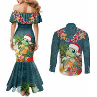 Hawaii Honu Mele Kalikimaka Couples Matching Mermaid Dress and Long Sleeve Button Shirt Santa Tropical Flower Aloha Summer Turquoise Version LT03 - Polynesian Pride
