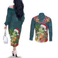 Hawaii Honu Mele Kalikimaka Couples Matching Off The Shoulder Long Sleeve Dress and Long Sleeve Button Shirt Santa Tropical Flower Aloha Summer Turquoise Version LT03 - Polynesian Pride