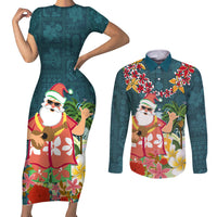 Hawaii Honu Mele Kalikimaka Couples Matching Short Sleeve Bodycon Dress and Long Sleeve Button Shirt Santa Tropical Flower Aloha Summer Turquoise Version LT03 Turquoise - Polynesian Pride