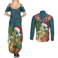 Hawaii Honu Mele Kalikimaka Couples Matching Summer Maxi Dress and Long Sleeve Button Shirt Santa Tropical Flower Aloha Summer Turquoise Version LT03 - Polynesian Pride