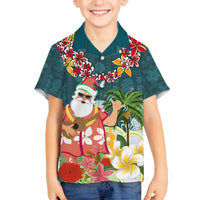 Hawaii Honu Mele Kalikimaka Family Matching Off Shoulder Long Sleeve Dress and Hawaiian Shirt Santa Tropical Flower Aloha Summer Turquoise Version LT03 Son's Shirt Turquoise - Polynesian Pride