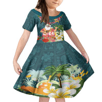 Hawaii Honu Mele Kalikimaka Kid Short Sleeve Dress Santa Tropical Flower Aloha Summer Turquoise Version LT03 KID Turquoise - Polynesian Pride